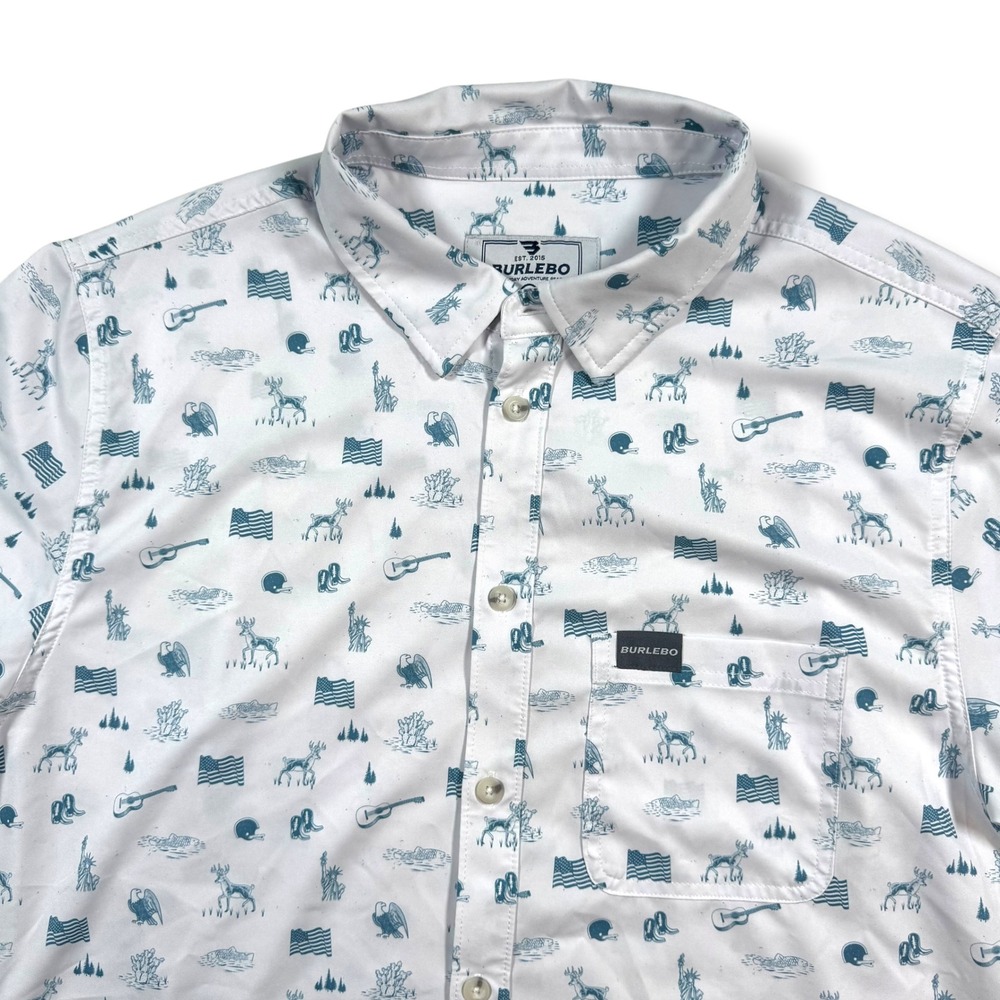 BURLEBO Button Down Men L White Americana Patriotic Print Short Sleeve Shirt